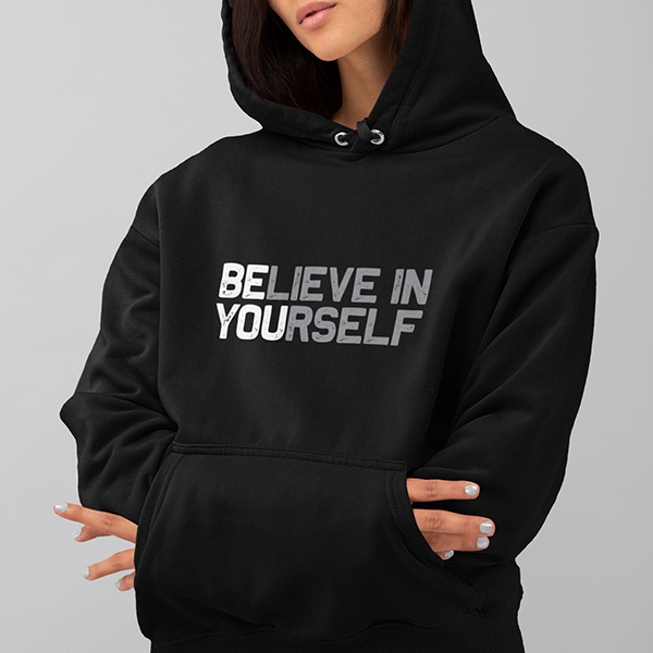 A cozy white BElieve in YOUrself Premium Sober Apparel hoodie showcases the hidden words BE YOU, inspiring authenticity and self-belief every day.