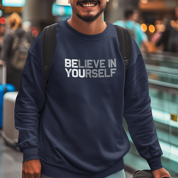 This white BElieve in YOUrself Premium Sober Apparel sweatshirt highlights the hidden words BE YOU in a bold recovery message.