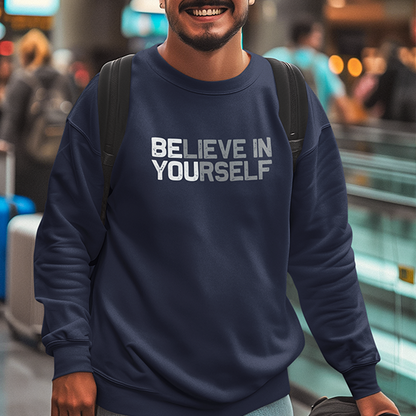 This white BElieve in YOUrself Premium Sober Apparel sweatshirt highlights the hidden words BE YOU in a bold recovery message.